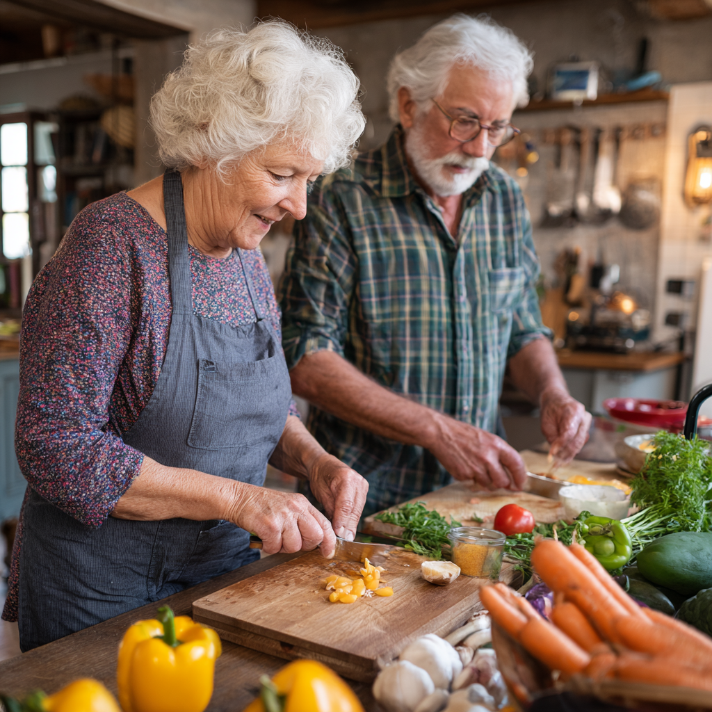 Older adults preparing balanced meals following structured daily nutrition timeline